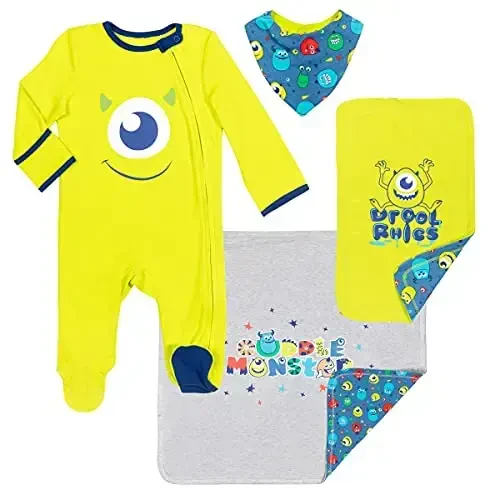Disney Winnie the Pooh, Lion King, Pixar Monsters Inc. Baby Sleep N' Play Coverall Bib Blanket and Burp Cloth 4 Piece Set 