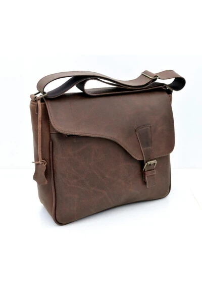 Distressed Brown Multi-Pocket Genuine Leather Messenger&Briefcase Bag - Camel (1)