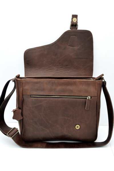 Distressed Brown Multi-Pocket Genuine Leather Messenger&Briefcase Bag - 3