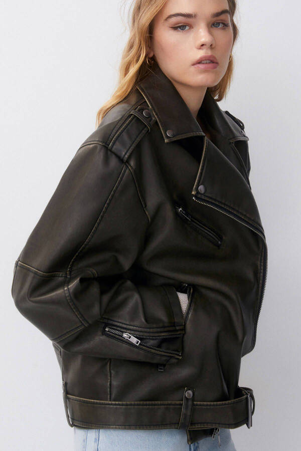 Distressed Faux Leather Biker Jacket - 9