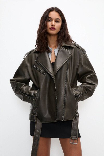 Distressed Faux Leather Biker Jacket - 2