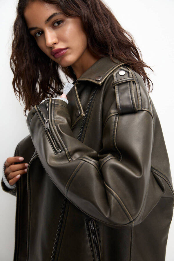 Distressed Faux Leather Biker Jacket - 6