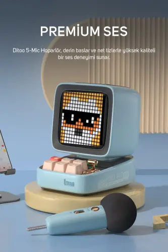 Ditoo 5-Mic Karaoke Mikrofonlu Uyarlanabilir Piksel Ekranlı Bluetooth Hoparlör, Mavi - Mavi - 2
