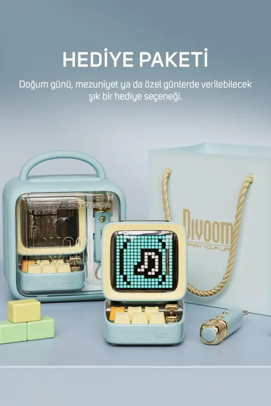 Ditoo 5-Mic Karaoke Mikrofonlu Uyarlanabilir Piksel Ekranlı Bluetooth Hoparlör, Mavi - Mavi - 6