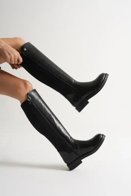 Diver Fabric Knee High Boots Black Wrinkled Patent-black patent - 1