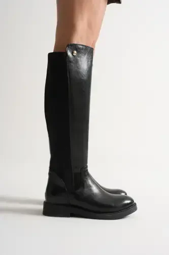 Diver Fabric Knee High Boots Black Wrinkled Patent-black patent - MİSSJENY (1)