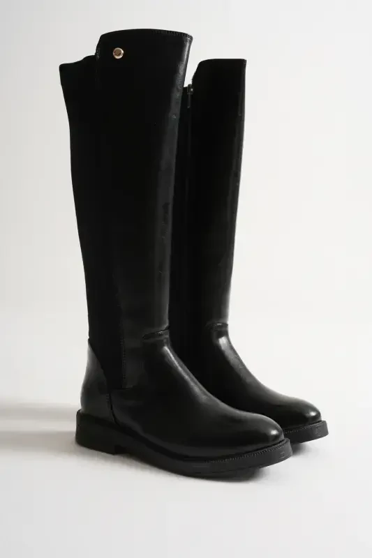 Diver Fabric Knee High Boots Black Wrinkled Patent-black patent - 3