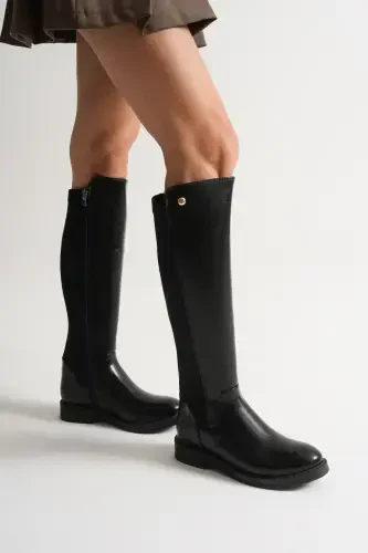Diver Fabric Knee High Boots Black Wrinkled Patent-black patent - 4