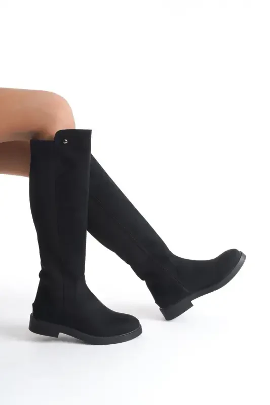 diver fabric knee high boots-suede black - 2