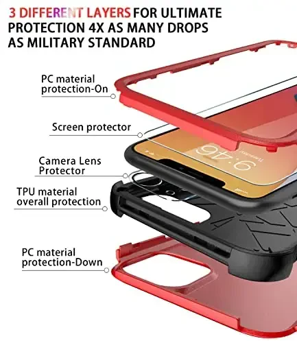 Diverbox for iPhone 11 Case [Shockproof] [Dropproof] [Tempered Glass Screen Protector],Heavy Duty Protection Phone Case Cover for Apple iPhone 11 (Red-3in1) - 6