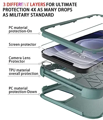 Diverbox for iPhone 12 case [Shockproof] [Dropproof] [Tempered Glass Screen Protector + Camera Lens Protector],Heavy Duty Protection Phone Case Cover for Apple iPhone 12 (Pine Green) - 5