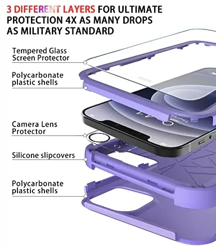 Diverbox for iPhone 12 case [Shockproof] [Dropproof] [Tempered Glass Screen Protector + Camera Lens Protector],Heavy Duty Protection Phone Case Cover for Apple iPhone 12 (Purple) - 5