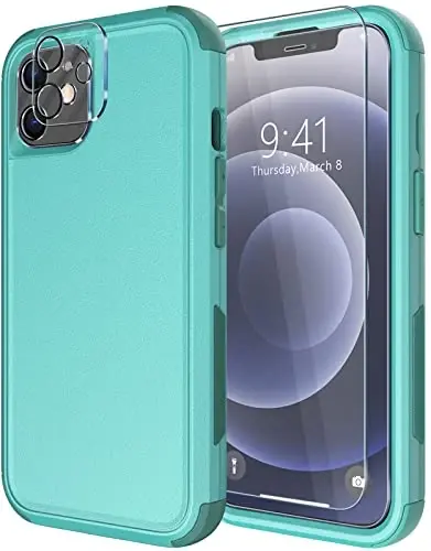 Diverbox for iPhone 12 case [Shockproof] [Dropproof] [Tempered Glass Screen Protector + Camera Lens Protector],Heavy Duty Protection Phone Case Cover for Apple iPhone 12 (Teal) 