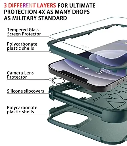 Diverbox for iPhone 12 case [Shockproof] [Dropproof] [Tempered Glass Screen Protector + Camera Lens Protector],Heavy Duty Protection Phone Case Cover for Apple iPhone 12(Dark Green) - 5