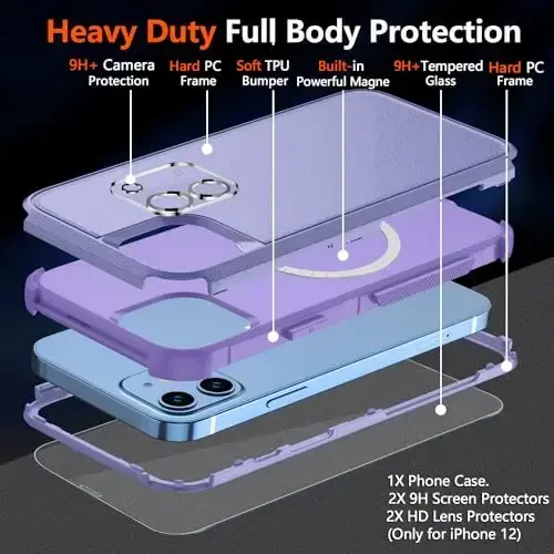 Diverbox for iPhone 12 case,iPhone 12 Magnetic case [with Screen Protector and Camera Lens Protector ] 2 Pack [15 FT Military Grade Drop Protection] Heavy Duty Shockproof Phone Case (Purple) - 6