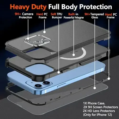 Diverbox for iPhone 12 g'ilofi, iPhone 12 magnitli g'ilofi [ekran himoyachisi va kamera linzalari himoyachisi bilan] 2 dona [15 FT harbiy darajadagi tushishdan himoya] og'ir yukga bardoshli zarbga chidamli telefon g'ilofi (qora) - 6