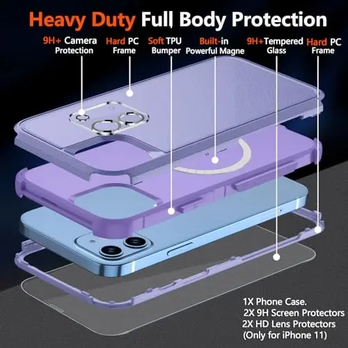 Diverbox iPhone 11 uchun telefon qutisi, iPhone 11 magnitli qutisi [ekran himoyachisi va kamera linzalari himoyachisi bilan] iPhone 11 qutisi uchun og‘ir yuk telefon qutisi (magnitli binafsha) - 5
