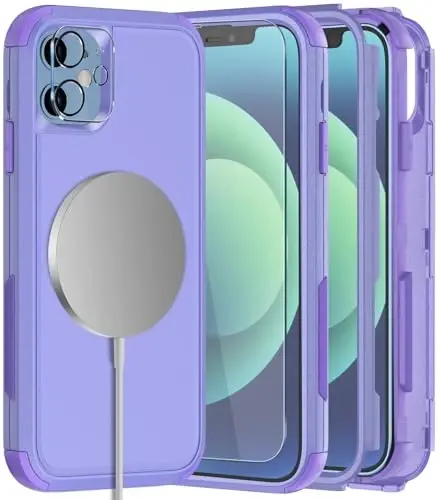 Diverbox iPhone 12 gʻilofi uchun, iPhone 12 magnit gʻilofi [ekran himoyachisi va kamera linzalari himoyachisi bilan] 2 dona [15 FT harbiy darajadagi tushishdan himoya] Zoʻr zarbga chidamli telefon gʻilofi (binafsha) 
