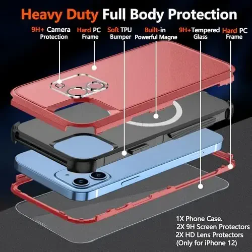 Diverbox iPhone 12 gʻilofi uchun, iPhone 12 magnitli gʻilofi [ekran himoyachisi va kamera linzalari himoyachisi bilan] 2 dona [15 FT harbiy darajadagi tushishdan himoya] Zoʻr zarbga chidamli telefon gʻilofi (qizil) - 6