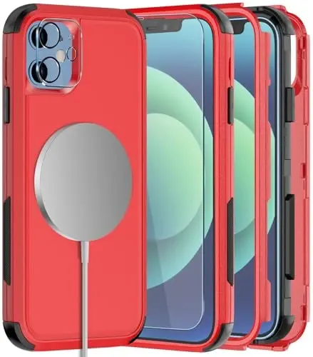 Diverbox iPhone 12 gʻilofi uchun, iPhone 12 magnitli gʻilofi [ekran himoyachisi va kamera linzalari himoyachisi bilan] 2 dona [15 FT harbiy darajadagi tushishdan himoya] Zoʻr zarbga chidamli telefon gʻilofi (qizil) - 1