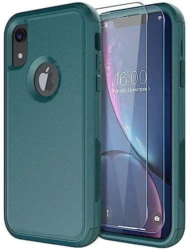 Diverbox Designed for iPhone Xr case with Screen Protector Heavy Duty Shockproof Shock-Resistant Cases for Apple iPhone Xr Phone (Dark Green+Screen Protector) - 1