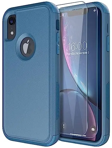 Diverbox Designed for iPhone Xr case with Screen Protector Heavy Duty Shockproof Shock-Resistant Cases for Apple iPhone Xr Phone (Blue+Screen Protector) 
