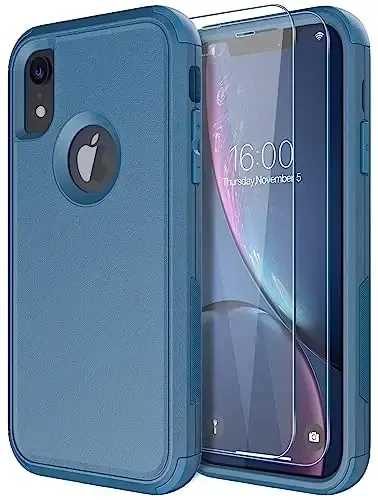 Diverbox iPhone Xr uchun ekran himoyachisi bilan mo'ljallangan, Apple iPhone Xr telefoni uchun og'ir yukga bardoshli zarbaga chidamli g'iloflar (ko'k+ekran himoyachisi) 