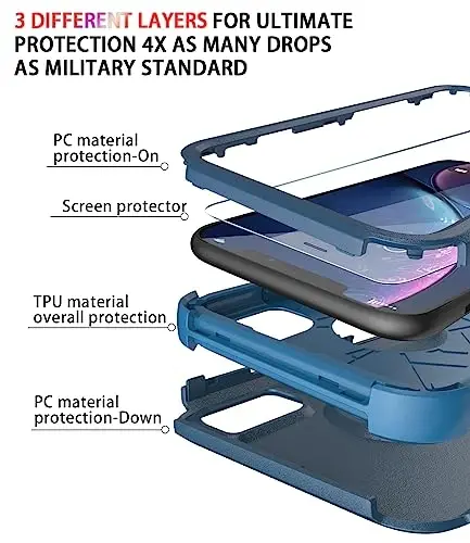 Diverbox iPhone Xr uchun ekran himoyachisi bilan mo'ljallangan, Apple iPhone Xr telefoni uchun og'ir yukga bardoshli zarbaga chidamli g'iloflar (ko'k+ekran himoyachisi) - 6