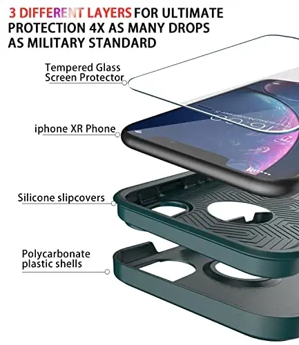 Diverbox iPhone XR uchun g'ilof [Temperli shisha ekran himoyachisi] [Zarbga chidamli] [Tushishga chidamli] Og'ir himoya telefon g'ilofi Apple iPhone XR uchun (To'q yashil) - 6