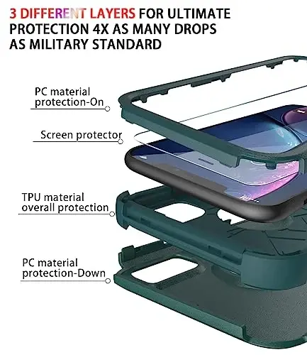 Diverbox iPhone Xr uchun mo'ljallangan ekran himoyachisi bilan Birga Og'ir Himoya Zarba o'tkazmaydigan Apple iPhone Xr uchun G'iloflar (To'q yashil+Ekran himoyachisi) - 6