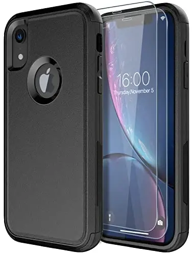 Diverbox iPhone Xr uchun mo'ljallangan, ekran himoyachisi bilan, og'ir yukga bardoshli zarbaga chidamli Apple iPhone Xr telefon qopqoqlari (Qora+Ekran himoyachisi) 