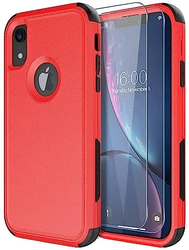Diverbox iPhone Xr uchun mo'ljallangan ekran himoyachisi bilan og'ir yukga chidamli zarbaga chidamli g'iloflar Apple iPhone Xr telefoni uchun (qizil+ekran himoyachisi) 