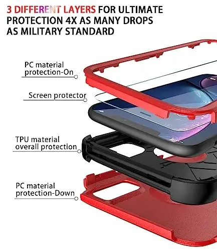 Diverbox iPhone Xr uchun mo'ljallangan ekran himoyachisi bilan og'ir yukga chidamli zarbaga chidamli g'iloflar Apple iPhone Xr telefoni uchun (qizil+ekran himoyachisi) - 6