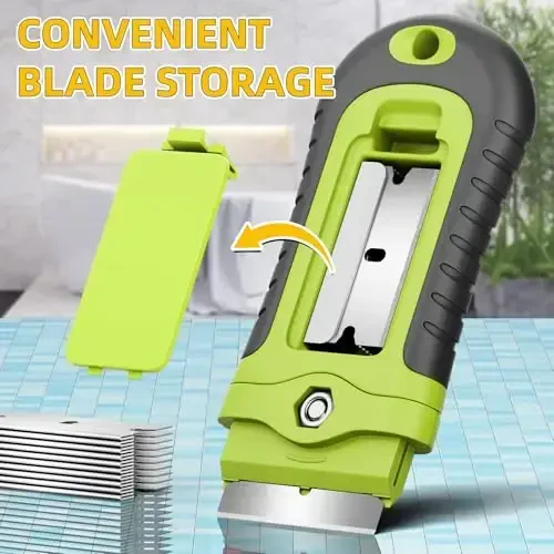 DIYSELF 1 Pack Razor Blade Scraper with 15 Extra Blades, Scraper Tool for Cleaning Window, Paint, Cooktop, Oven, Glass Stove Top Scraper, Razor Scraper with Buit-In Blade Storage (Green) - 4