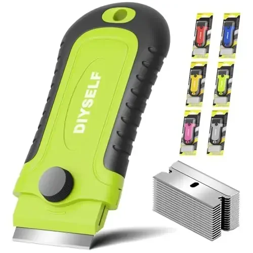 DIYSELF 1 Pack Razor Blade Scraper with 15 Extra Blades, Scraper Tool for Cleaning Window, Paint, Cooktop, Oven, Glass Stove Top Scraper, Razor Scraper with Buit-In Blade Storage (Green) 