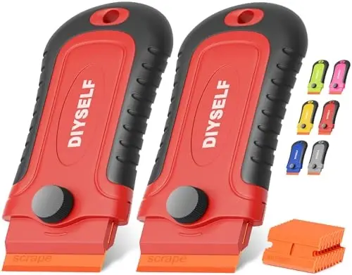DIYSELF 2 Pcs Plastic Razor Blade Scraper with 10 Pcs Blades, Plastic Scraper Tool for Adhesive Remover, Scrapers for Cleaning Stickers, Decals, Glass, Windows, Car, No Scratches (Red) - 1