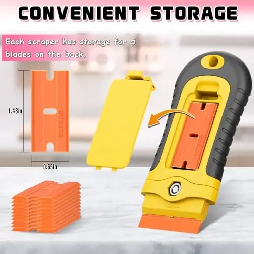 DIYSELF 2 Pcs Plastic Razor Blade Scraper with 10 Pcs Blades, Plastic Scraper Tool for Adhesive Remover, Scrapers for Cleaning Stickers, Decals, Glass, Windows, Car, No Scratches (Yellow) - 4