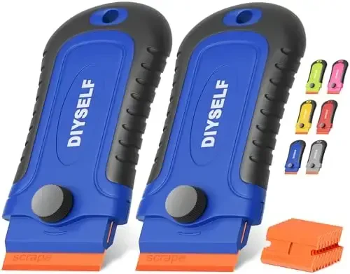 DIYSELF 2 Pcs Plastic Razor Blade Scraper with 10 Pcs Blades, Plastic Scraper Tool for Adhesive Remover, Scrapers for Cleaning Stickers, Decals, Glass, Windows, Car, No Scratches (Blue) - DIYSELF