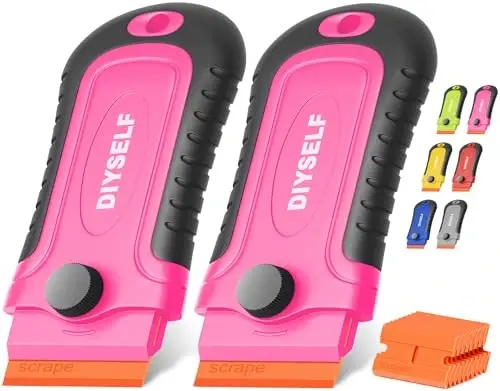DIYSELF 2 Pcs Plastic Razor Blade Scraper with 10 Pcs Blades, Plastic Scraper Tool for Adhesive Remover, Scrapers for Cleaning Stickers, Decals, Glass, Windows, Car, No Scratches (Pink) - 1