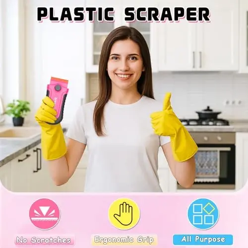 DIYSELF 2 Pcs Plastic Razor Blade Scraper with 10 Pcs Blades, Plastic Scraper Tool for Adhesive Remover, Scrapers for Cleaning Stickers, Decals, Glass, Windows, Car, No Scratches (Pink) - 2