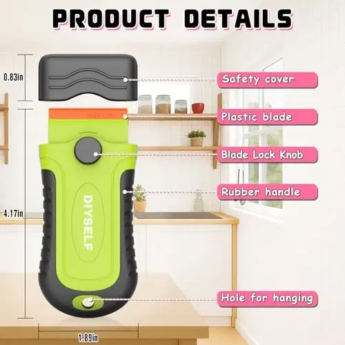 DIYSELF 2 dona plastik ustara pichog'i qirg'ich 10 dona pichoq bilan, yopishtiruvchi vositani olib tashlash uchun plastik qirg'ich asbobi, stikerlar, dekallar, shisha, derazalar, mashina uchun qirg'ichlar, tirnalishsiz (yashil) - 6