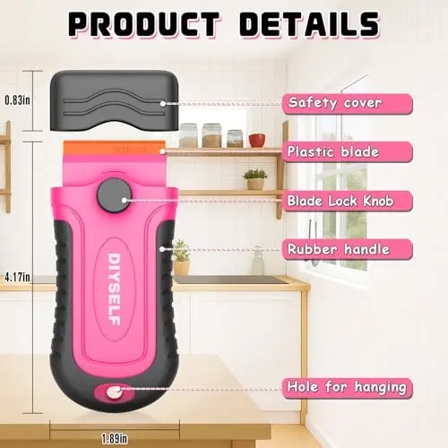 DIYSELF 2 dona plastik ustara pichog'i qirg'ichi, 10 dona pichoqli, yopishtiruvchi vositani olib tashlash uchun plastik qirg'ich asbobi, stikerlar, dekallar, shisha, derazalar, mashina uchun qirg'ichlar, tirnalish yo'q (pushti) - 6