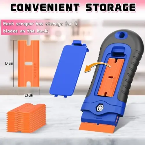 DIYSELF 2 dona plastik ustara pichoqli qirg'ich 10 dona pichoq bilan, yopishtiruvchi vositani olib tashlash uchun plastik qirg'ich asbobi, stikerlar, yorliqlar, shisha, derazalar, mashina uchun qirg'ichlar, tirnalishlarsiz (ko'k) - 4