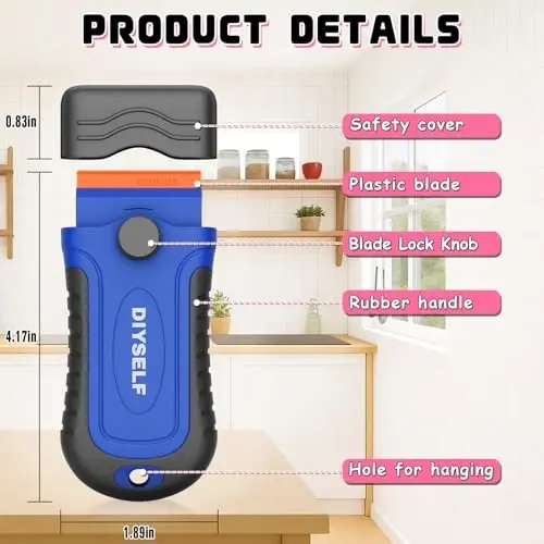 DIYSELF 2 dona plastik ustara pichoqli qirg'ich 10 dona pichoq bilan, yopishtiruvchi vositani olib tashlash uchun plastik qirg'ich asbobi, stikerlar, yorliqlar, shisha, derazalar, mashina uchun qirg'ichlar, tirnalishlarsiz (ko'k) - 6