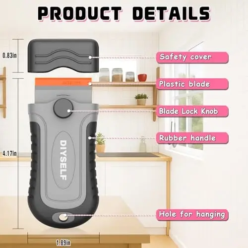 DIYSELF 2 dona plastik ustara pichoqli qirg'ich 10 dona pichoq bilan, yopishtiruvchi vositani olib tashlash uchun plastik qirg'ich asbobi, stikerlar, yorliqlar, shisha, derazalar, mashina uchun qirg'ichlar, tirnalishlarsiz (kulrang) - 6