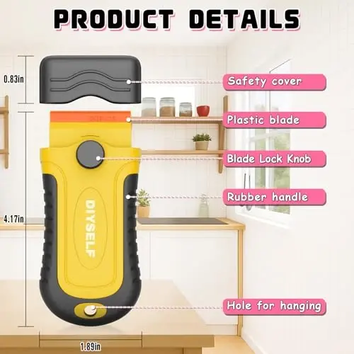DIYSELF 2 dona plastik ustara pichoqli qirg'ich 10 dona pichoq bilan, yopishtiruvchi vositani olib tashlash uchun plastik qirg'ich vositasi, stikerlar, çıkartmalar, oynalar, derazalar, mashinalar uchun qirg'ichlar, tirnalishlarsiz (sariq) - 6