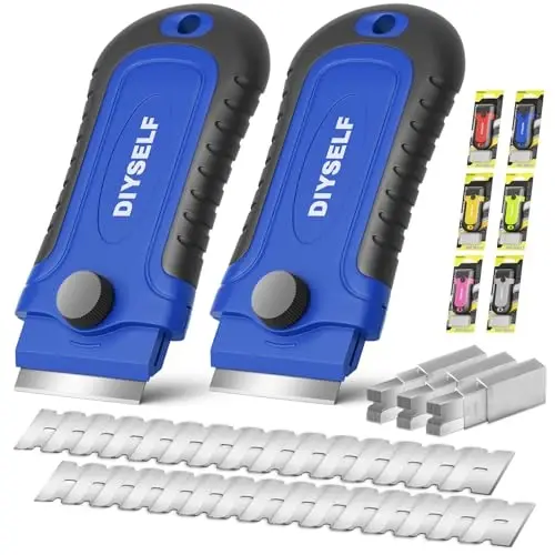 DIYSELF 2 Pack Razor Blade Scraper 30 dona qo'shimcha pichoq bilan, tozalash uchun qirg'ich asbobi, shisha, stikerlar, bo'yoq qirg'ichi, ustarasi qirg'ichi, shisha qirg'ichi, ustarasi qirg'ich asbobi, shisha plita usti qirg'ichi - 1