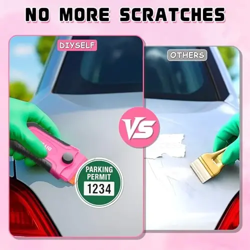 DIYSELF 2 Pcs Plastic Razor Blade Scraper with 10 Pcs Blades, Plastic Scraper Tool for Adhesive Remover, Scrapers for Cleaning Stickers, Decals, Glass, Windows, Car, No Scratches (Pink) - 3