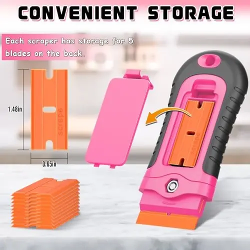 DIYSELF 2 Pcs Plastic Razor Blade Scraper with 10 Pcs Blades, Plastic Scraper Tool for Adhesive Remover, Scrapers for Cleaning Stickers, Decals, Glass, Windows, Car, No Scratches (Pink) - 4