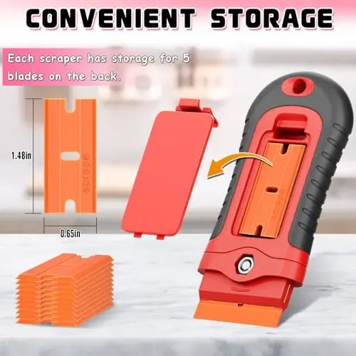 DIYSELF 2 Pcs Plastic Razor Blade Scraper with 10 Pcs Blades, Plastic Scraper Tool for Adhesive Remover, Scrapers for Cleaning Stickers, Decals, Glass, Windows, Car, No Scratches (Red) - 4